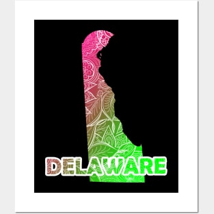 Colorful mandala art map of Delaware with text in pink and green Posters and Art